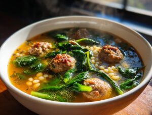 Close-up of a steaming white bowl filled with amazing wedding soup, featuring meatballs, spinach, and acini di pepe pasta.