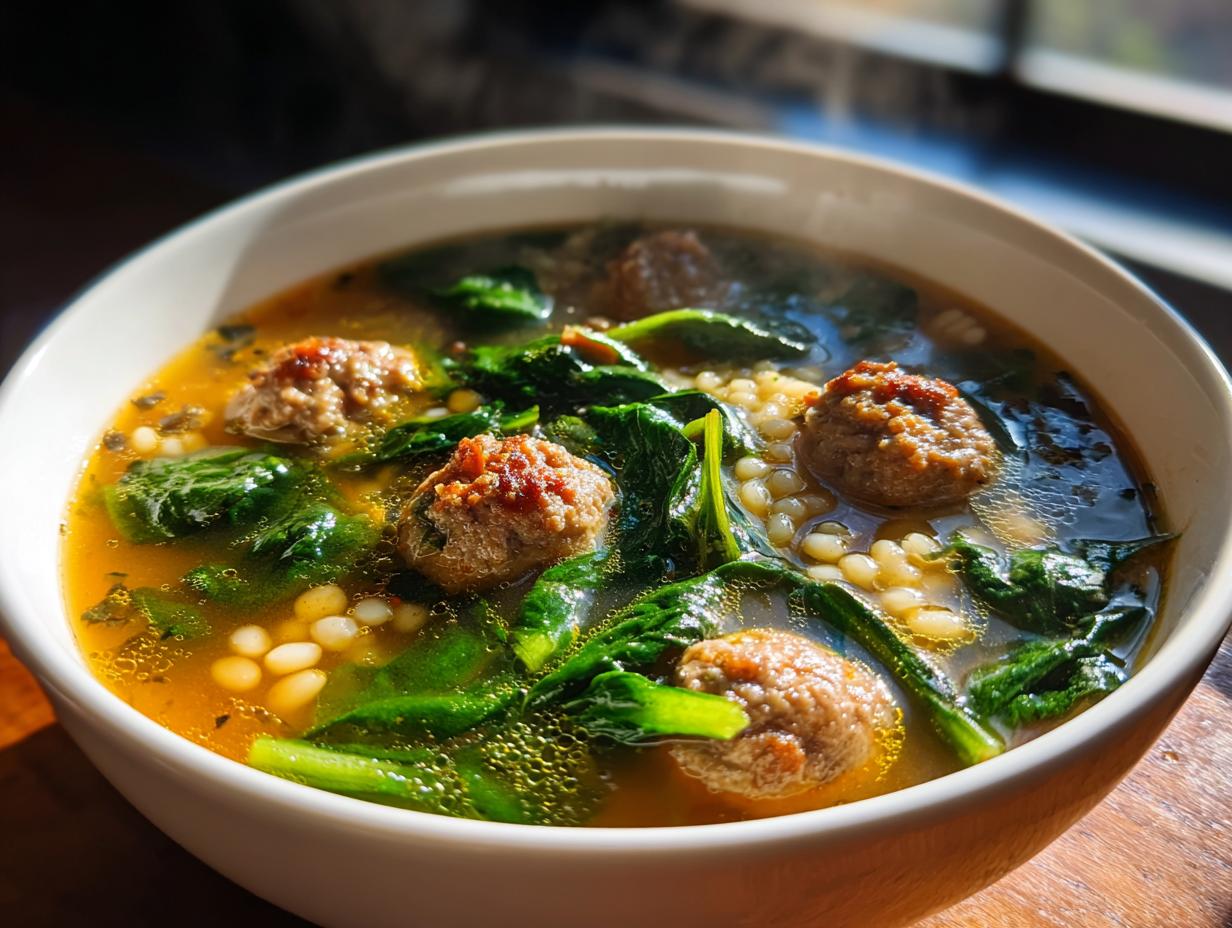 Close-up of a steaming white bowl filled with amazing wedding soup, featuring meatballs, spinach, and acini di pepe pasta.