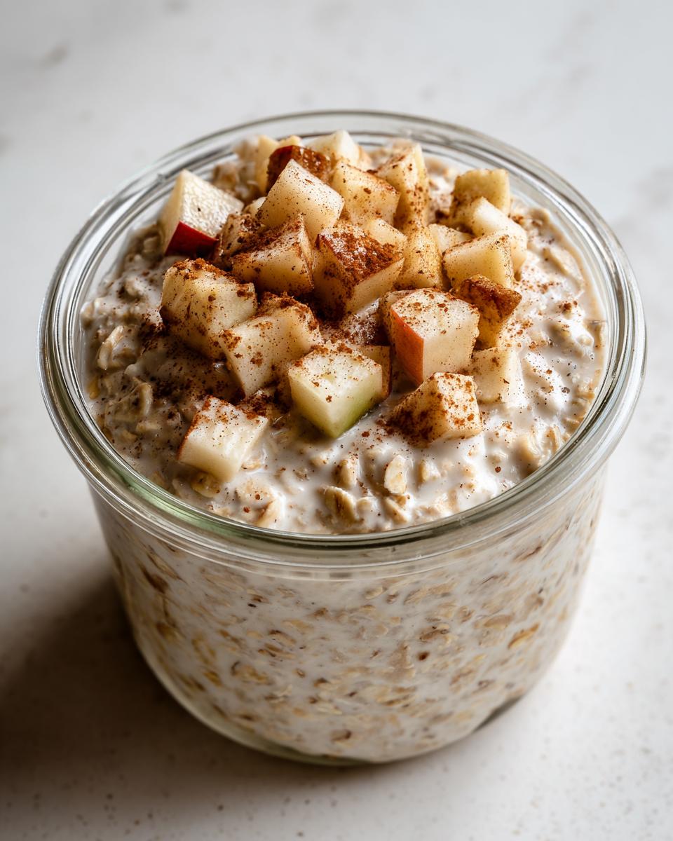 Close-up of apple cinnamon overnight oats in a glass jar, topped with diced apples and cinnamon.