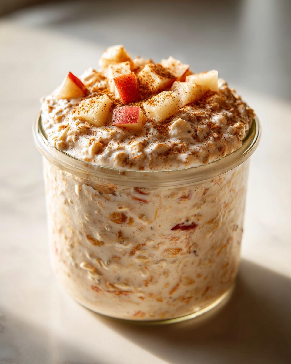 Close-up of apple cinnamon overnight oats in a glass jar, topped with diced apples and a sprinkle of cinnamon.