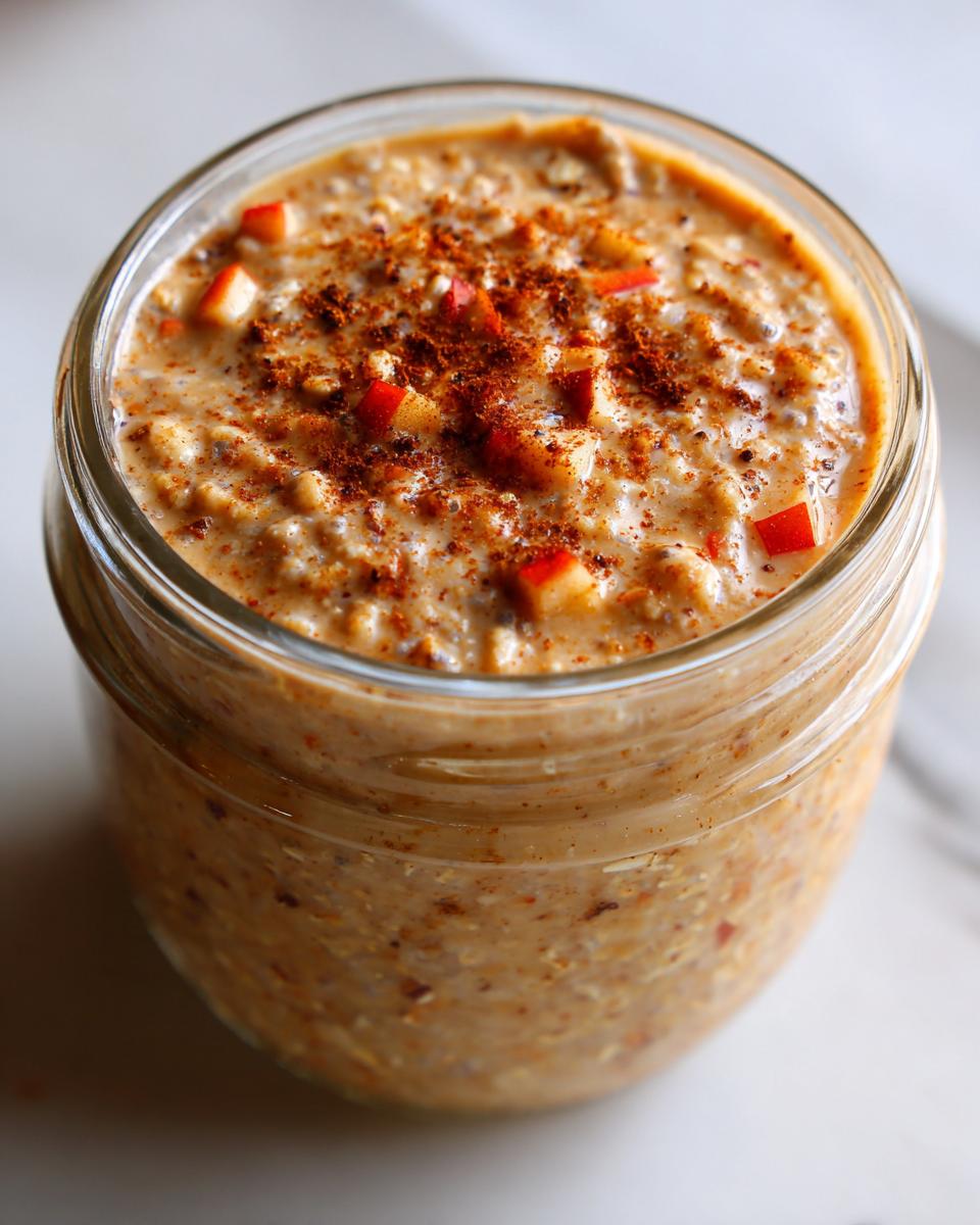 Overhead close-up of apple cinnamon overnight oats in a glass jar, topped with diced apples and cinnamon.