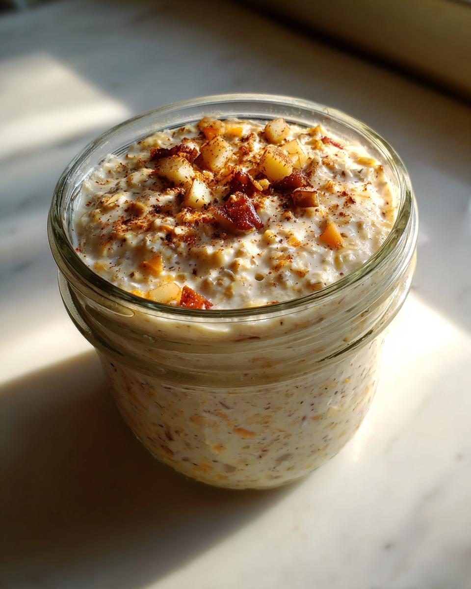Close-up of apple cinnamon overnight oats in a glass jar, topped with diced apples and cinnamon.