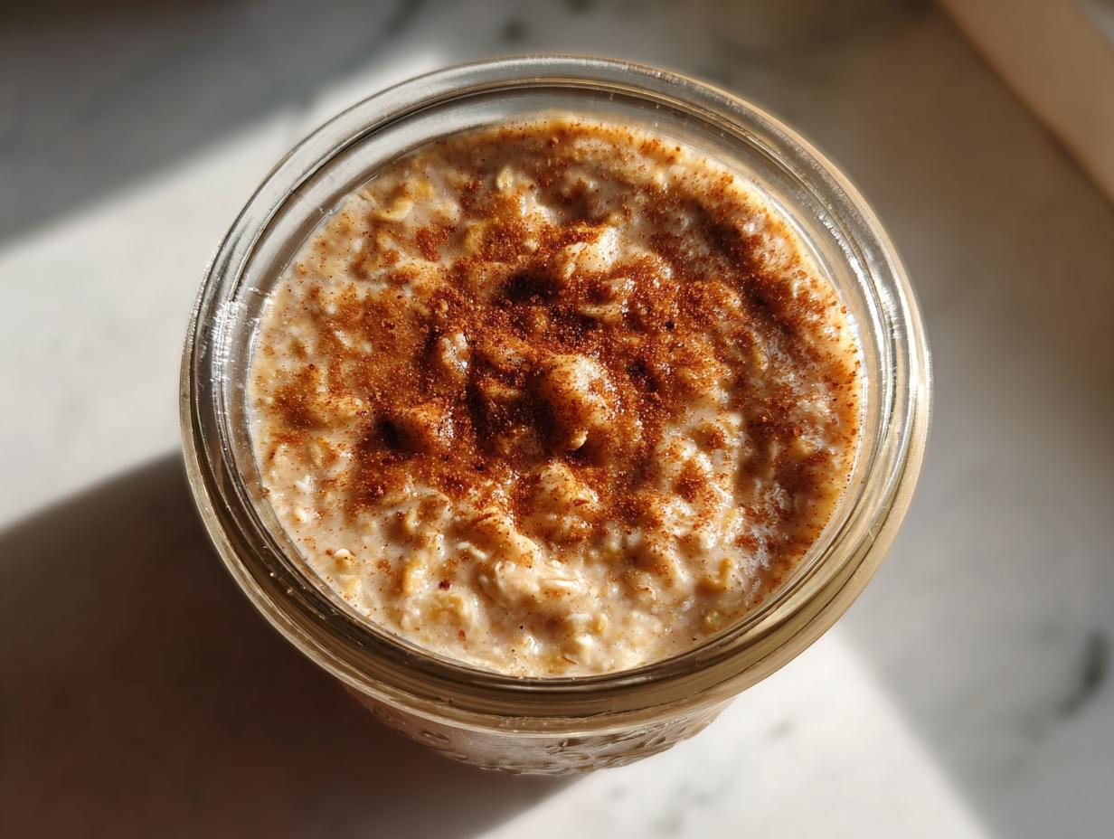 Overhead view of creamy apple cinnamon overnight oats topped generously with ground cinnamon in a glass jar.