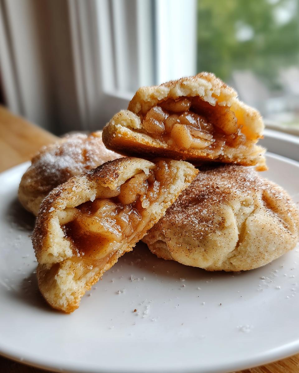 Close-up of delicious apple pie cookies, one split open revealing warm apple filling, dusted with cinnamon sugar.
