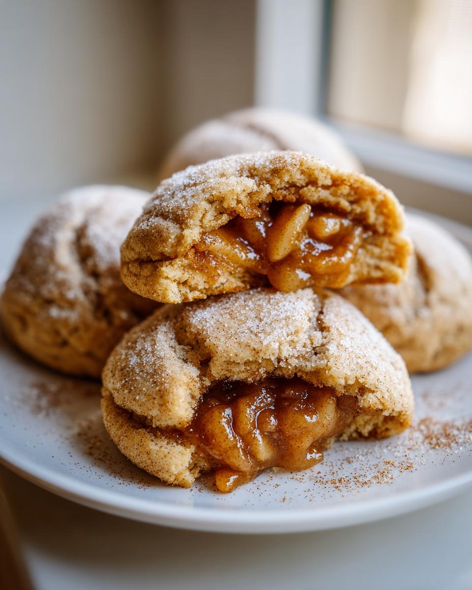 Close-up of apple pie cookies, one broken in half revealing a gooey, spiced apple filling.