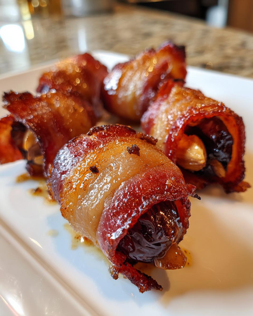 Four perfectly cooked, glossy bacon-wrapped dates stuffed with an almond, served on a white plate.