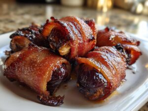 Close-up of several perfectly cooked bacon-wrapped dates piled on a white plate, glistening with glaze.