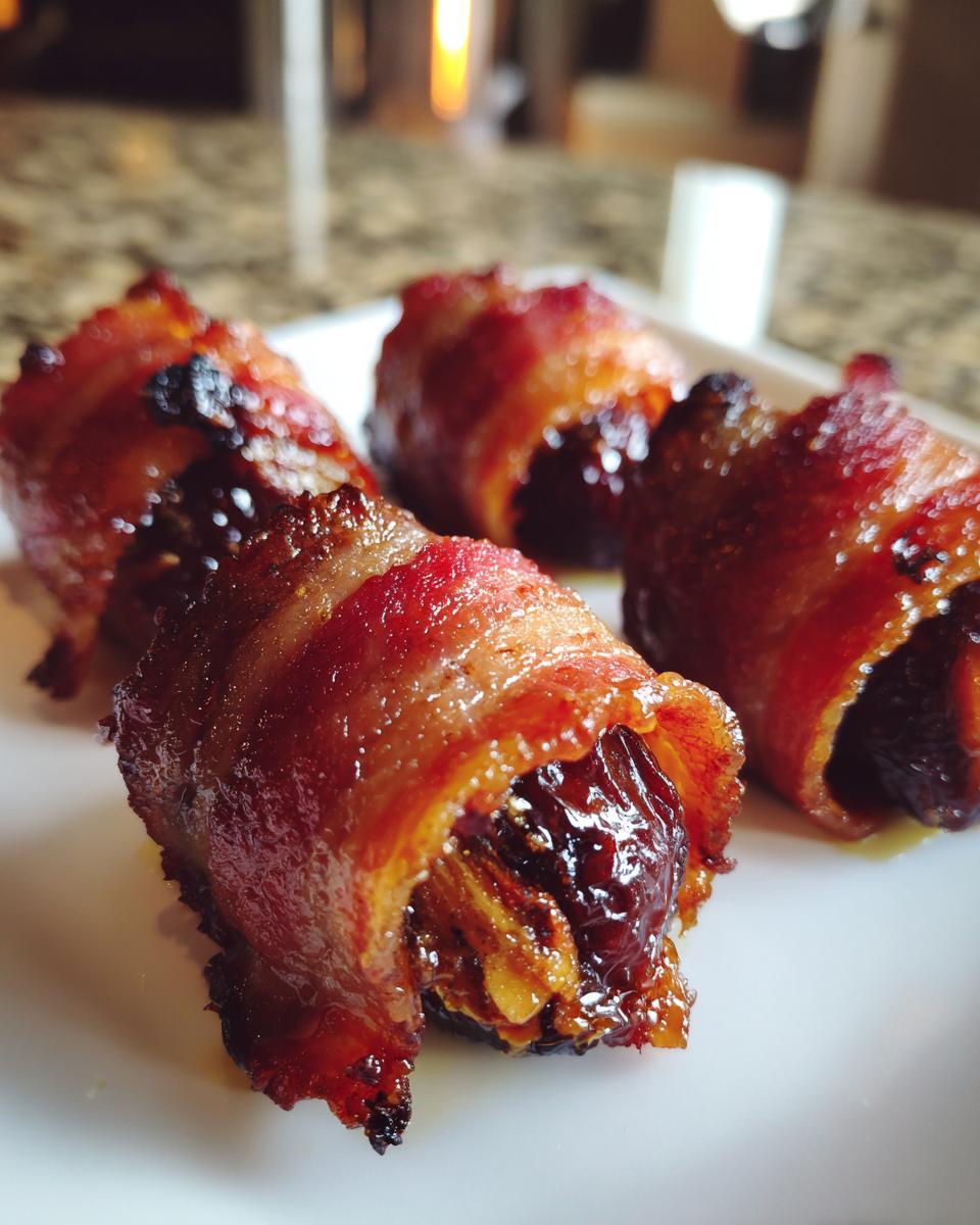 Four perfectly cooked bacon-wrapped dates glistening on a white plate, showing the caramelized bacon exterior.
