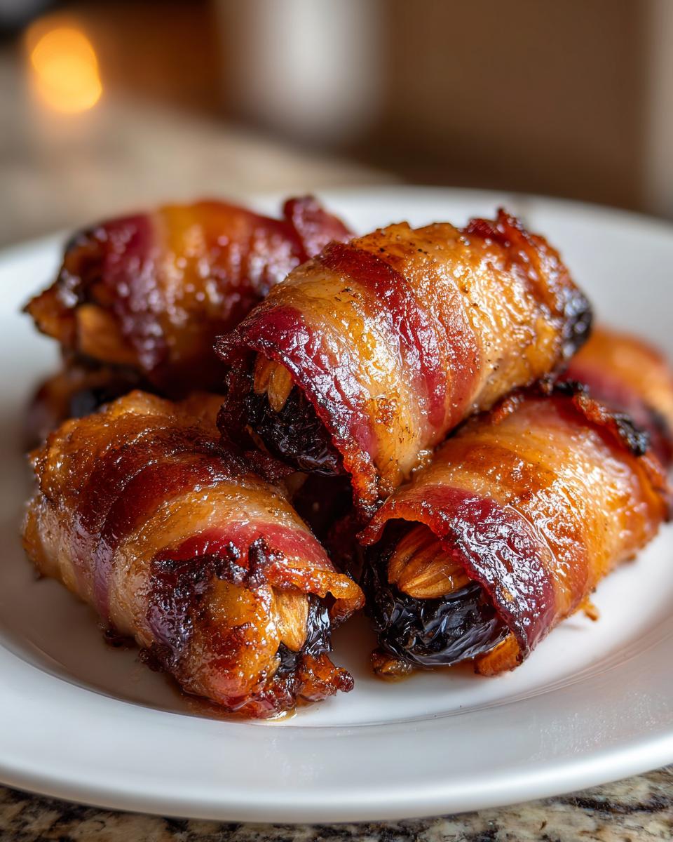 Close-up of four glazed, crispy bacon-wrapped dates piled on a white plate, ready to serve.