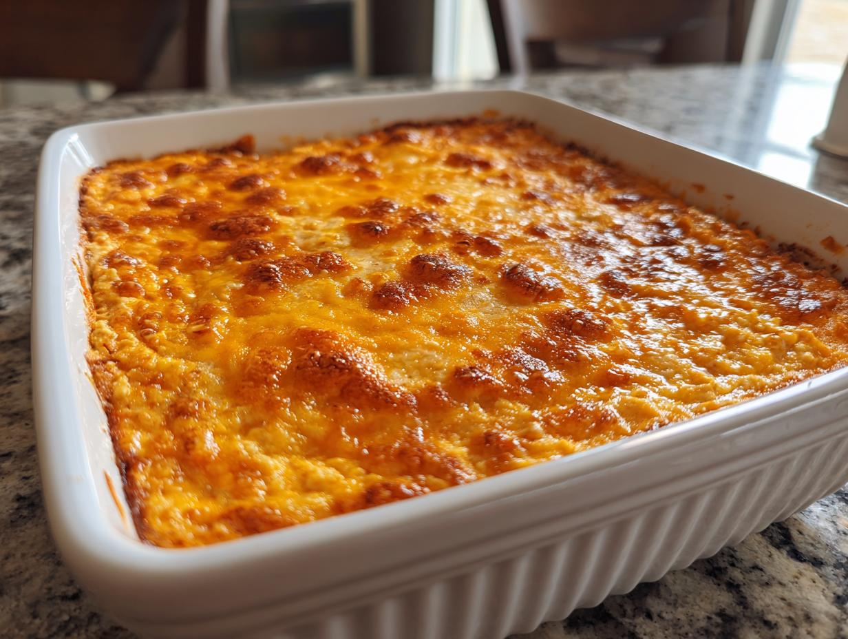 A close-up of a golden-brown, bubbly, baked Buffalo chicken dip in a white ceramic baking dish.