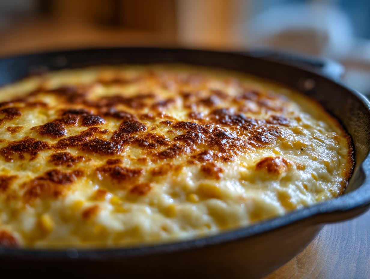 Close-up of hot, baked corn dip with cream cheese, featuring a bubbly, golden-brown, and slightly charred top.