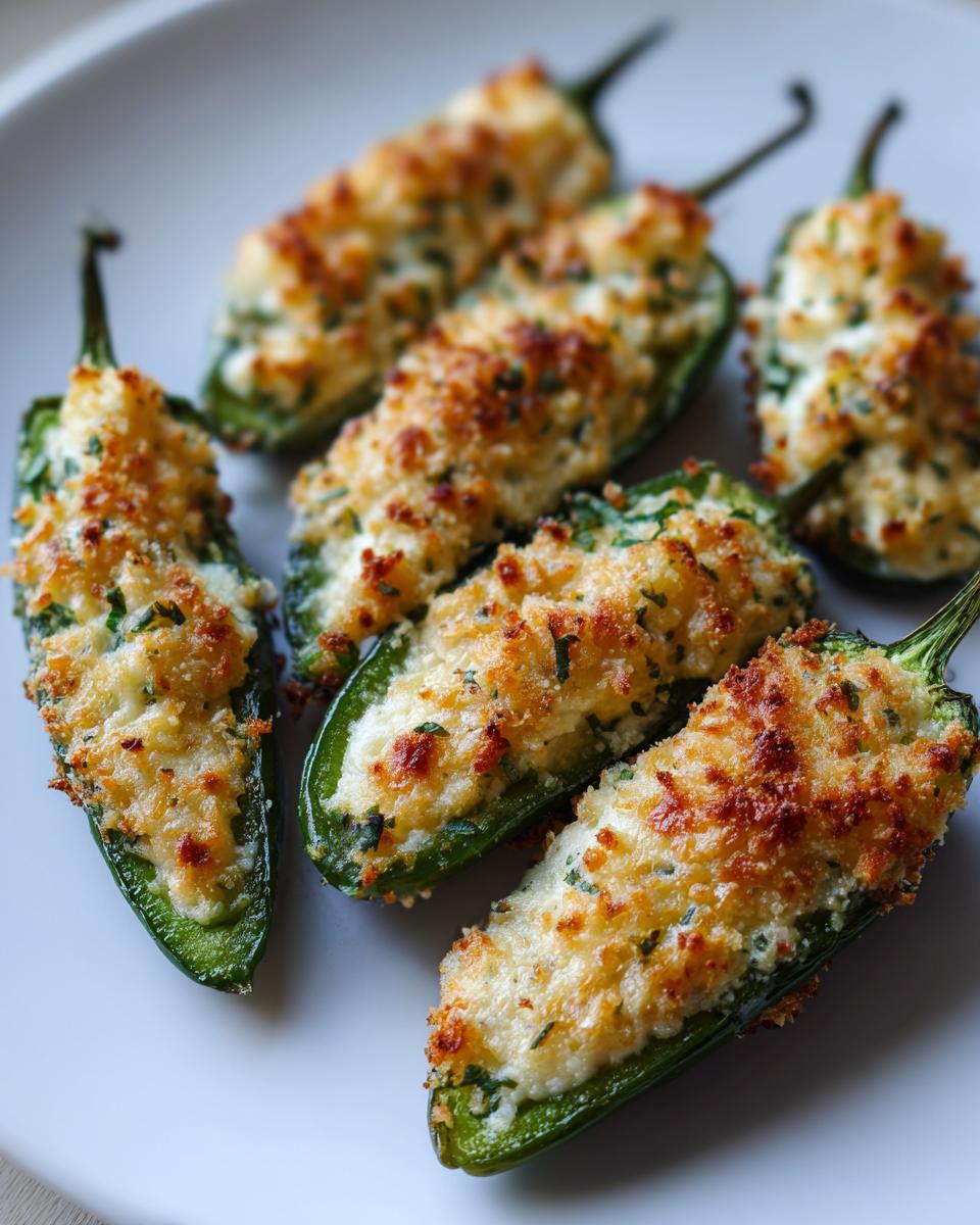 Five baked jalapeño poppers stuffed with creamy filling and topped with golden, crispy breadcrumbs.