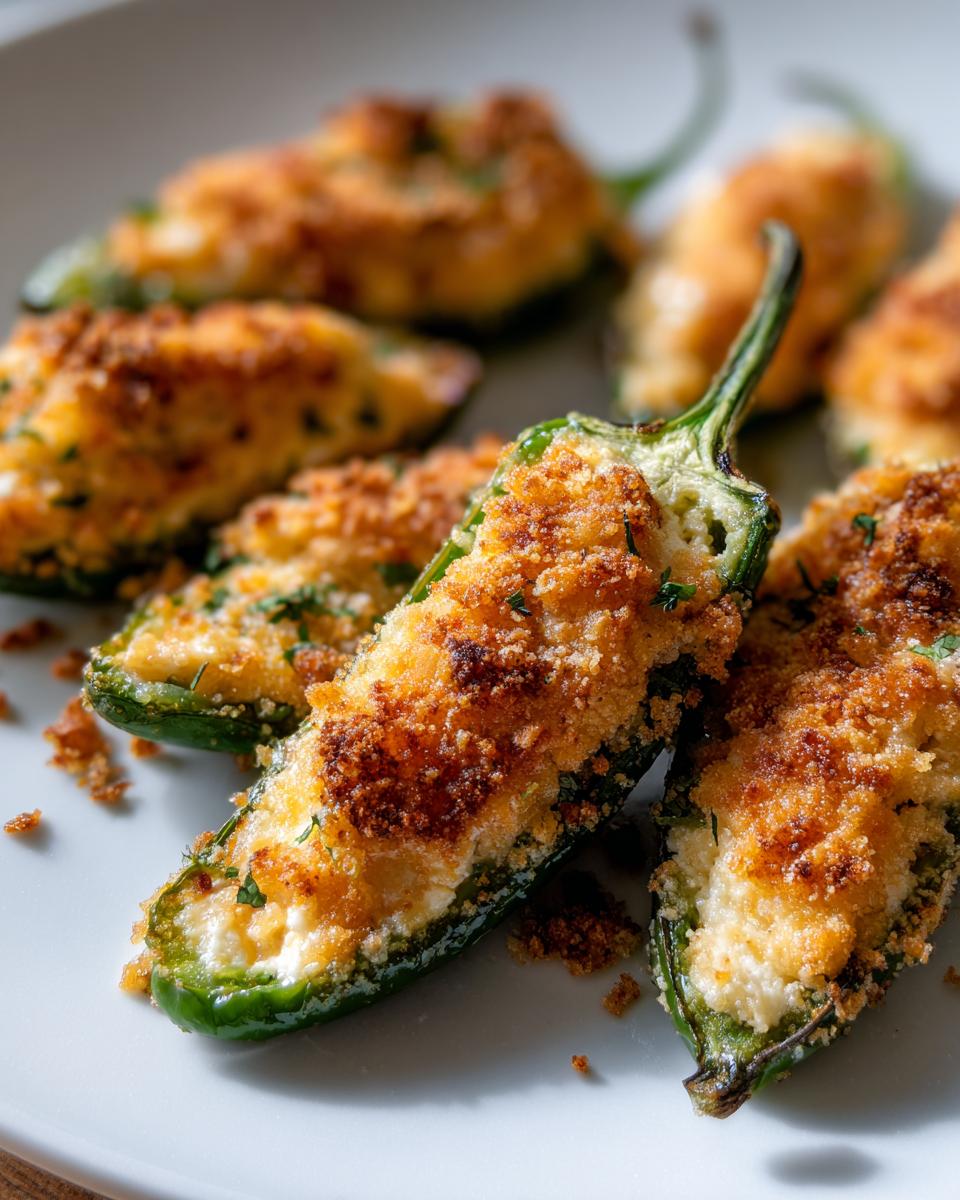 Close-up of baked jalapeño poppers stuffed with cheese filling and topped with crispy, golden breadcrumbs.