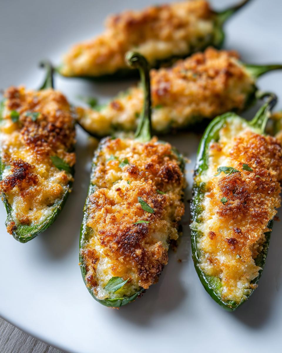Close-up of several baked jalapeño poppers stuffed with cheese and topped with a crispy, golden-brown breadcrumb crust.
