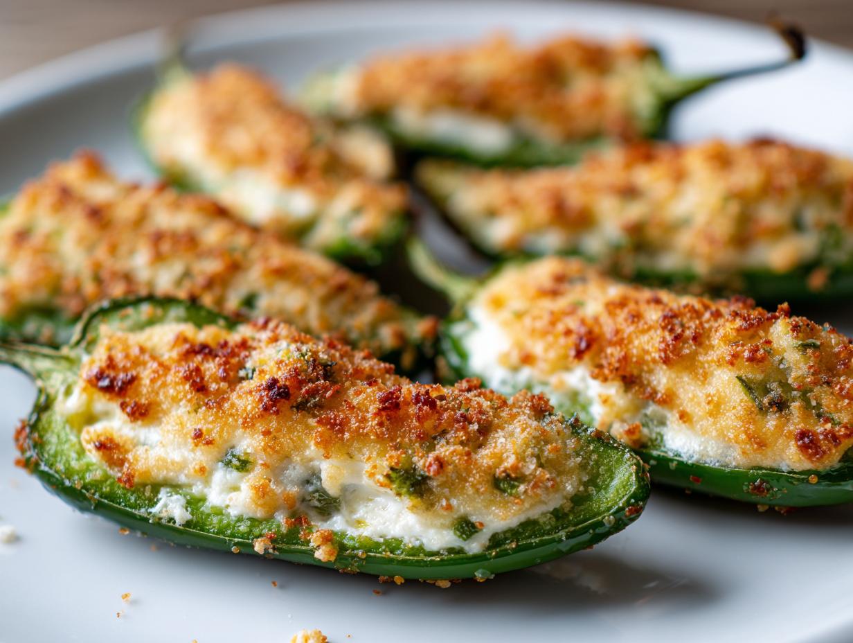 Close-up of several baked jalapeño poppers filled with cream cheese and topped with a golden, crispy breadcrumb crust.