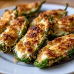 A plate of freshly baked jalapeño poppers stuffed with creamy cheese and topped with a crispy, golden-brown crust.
