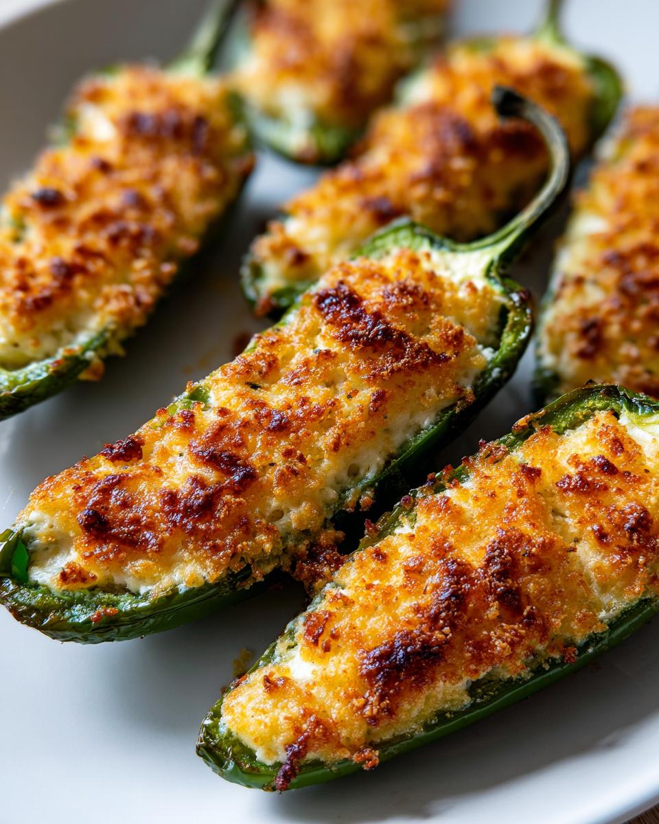 Close-up of several baked jalapeño poppers stuffed with creamy filling and topped with a golden, crispy breadcrumb crust.