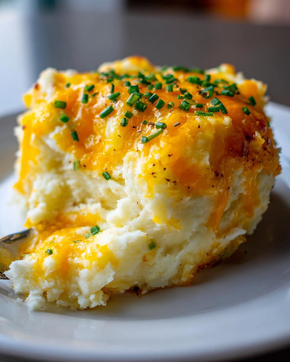 A close-up of a scoop of creamy baked mashed potatoes topped with melted cheddar cheese and fresh chives.