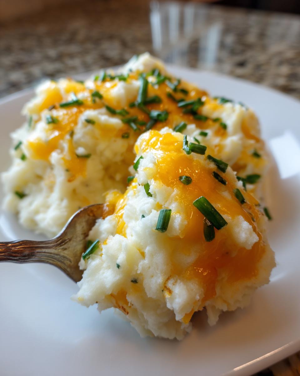 A spoonful of creamy baked mashed potatoes topped with melted cheddar cheese and fresh green chives.