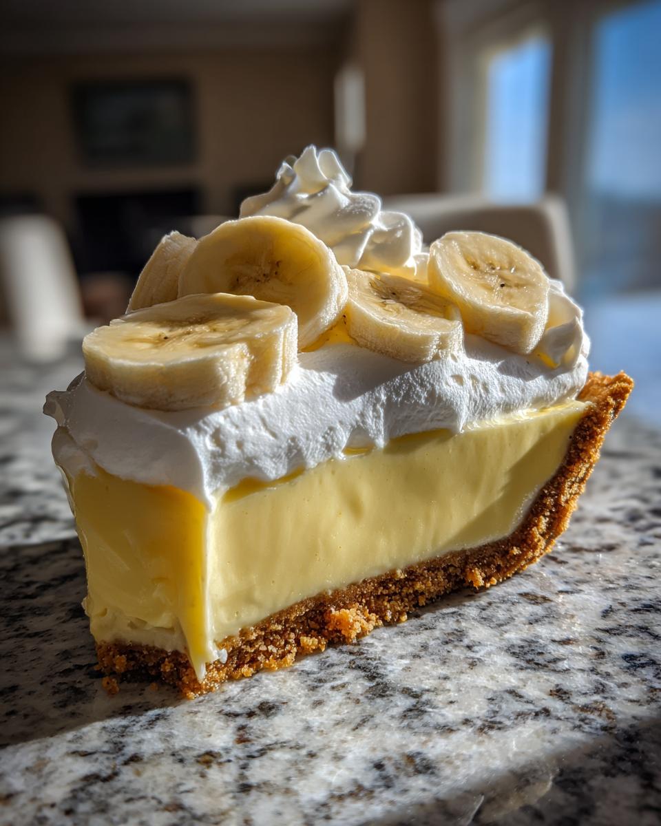 Close-up of a perfect slice of banana cream pie showing thick custard, graham cracker crust, and whipped cream with banana slices.