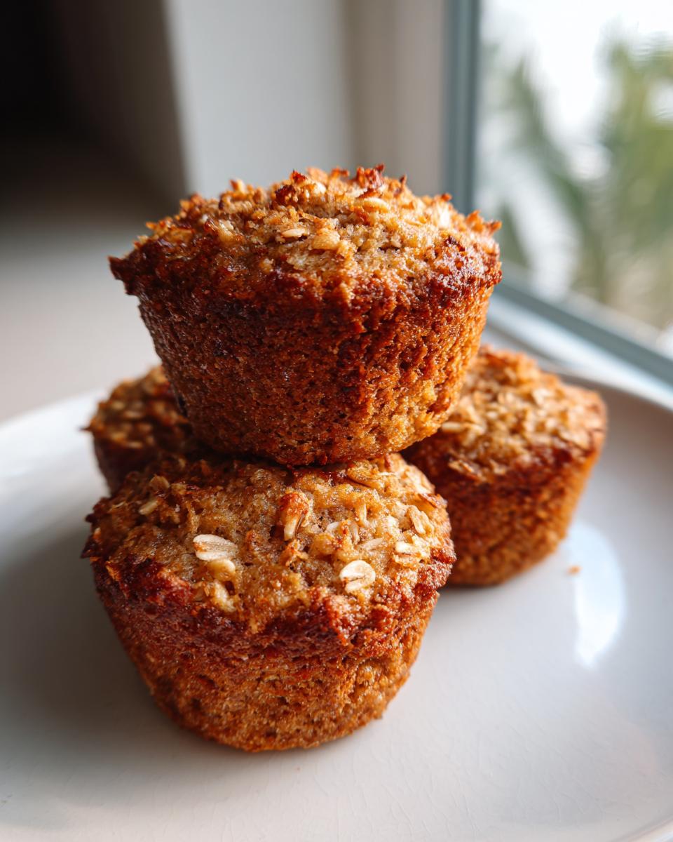 Three golden brown banana oatmeal muffins stacked on a light plate near a window.