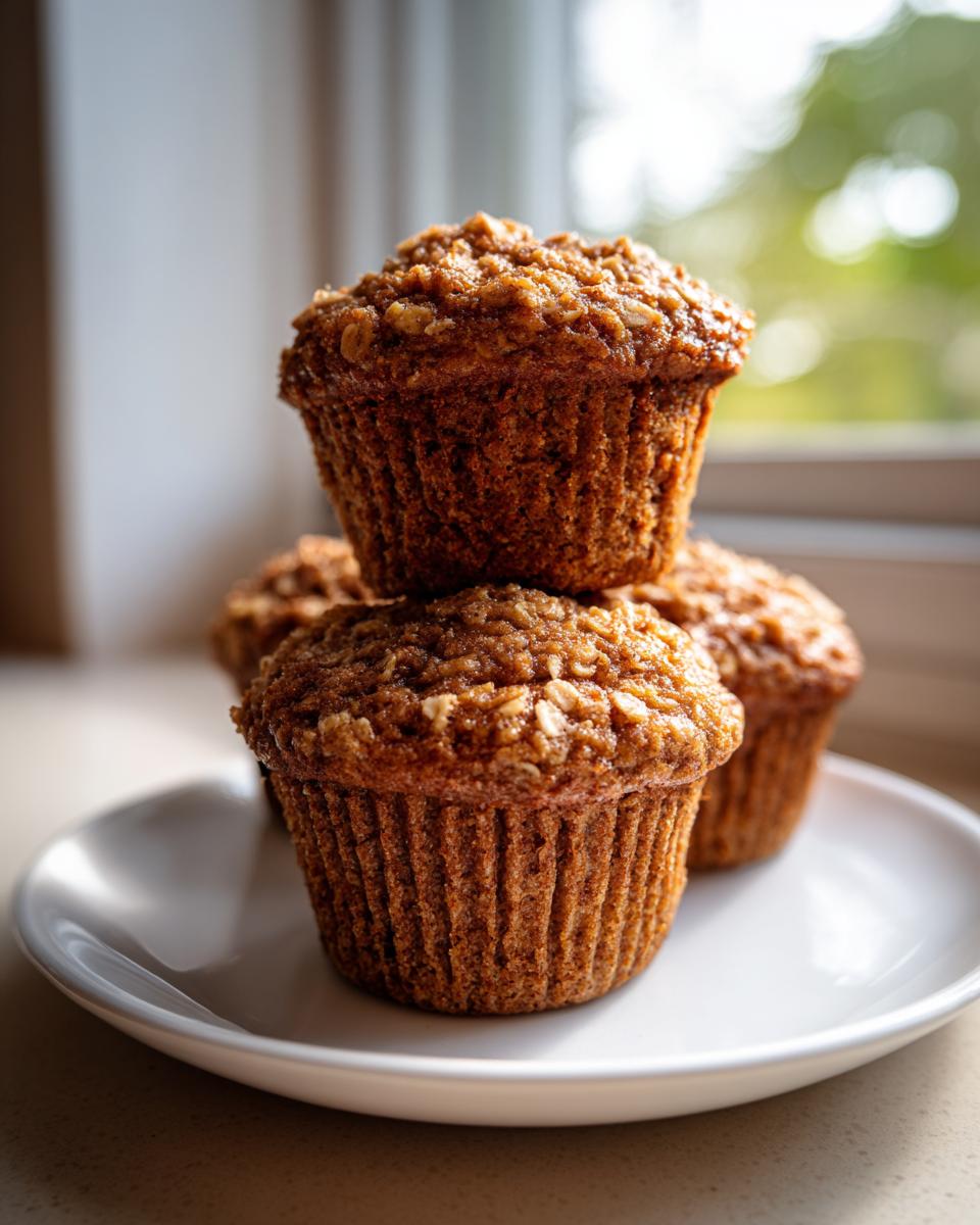 A stack of three golden brown banana oatmeal muffins with visible oat topping sitting on a small white plate.