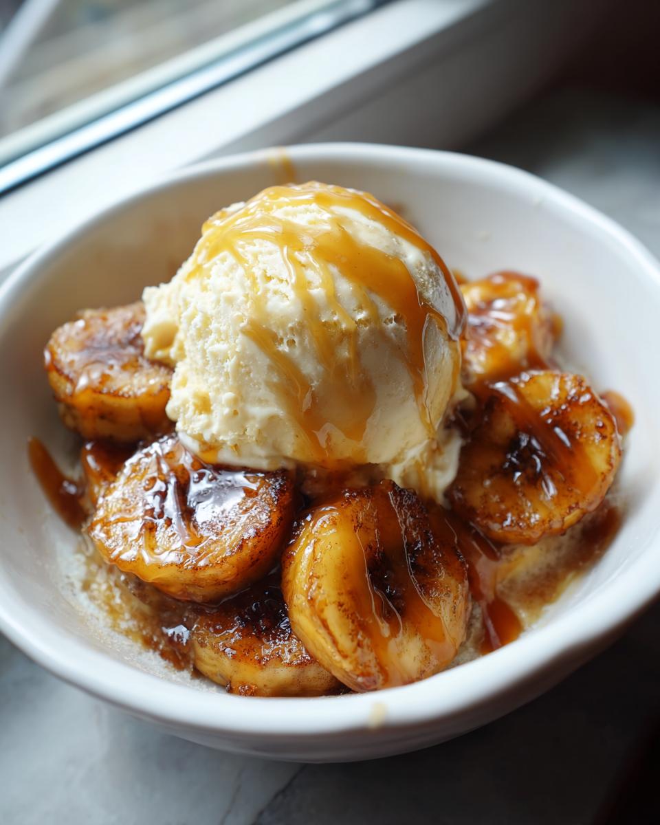 A white bowl filled with caramelized bananas foster slices topped with vanilla ice cream and caramel sauce.