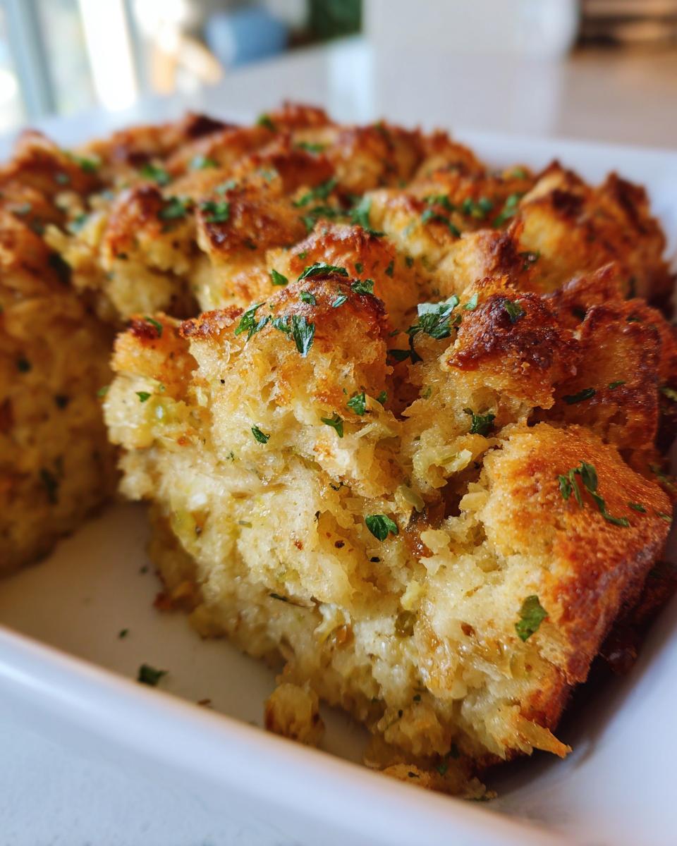 Close-up of a serving of golden brown, moist bread stuffing topped with fresh parsley.
