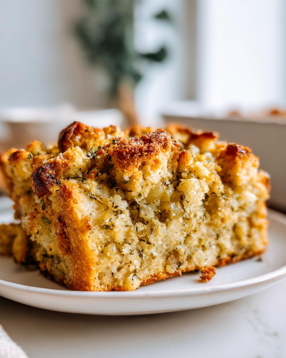 Close-up of a golden brown, savory slice of homemade stuffing with visible herbs served on a white plate.