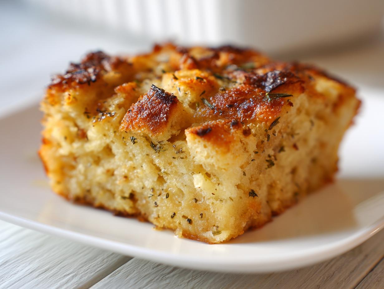 Close-up of a golden brown, square slice of savory bread stuffing topped with herbs.