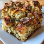 Close-up of golden brown, crispy baked stuffing squares garnished with fresh green herbs.