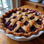 A freshly baked blackberry pie with a golden, flaky lattice crust and bubbling dark berry filling.