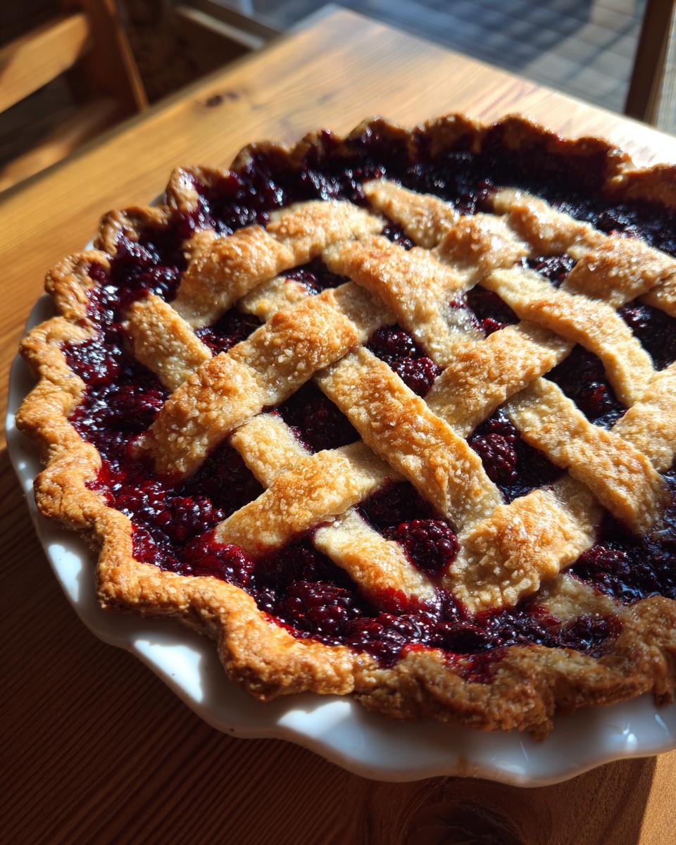 Close-up of a freshly baked blackberry pie with a golden, flaky lattice crust and bubbling dark berry filling.