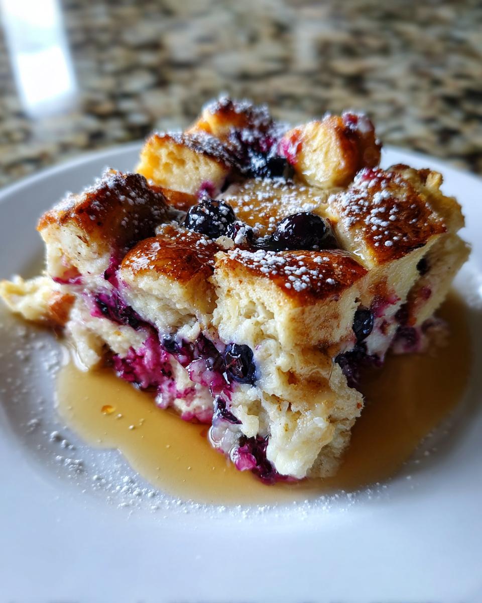 A close-up of a serving of Blueberry French Toast Casserole topped with powdered sugar and syrup.
