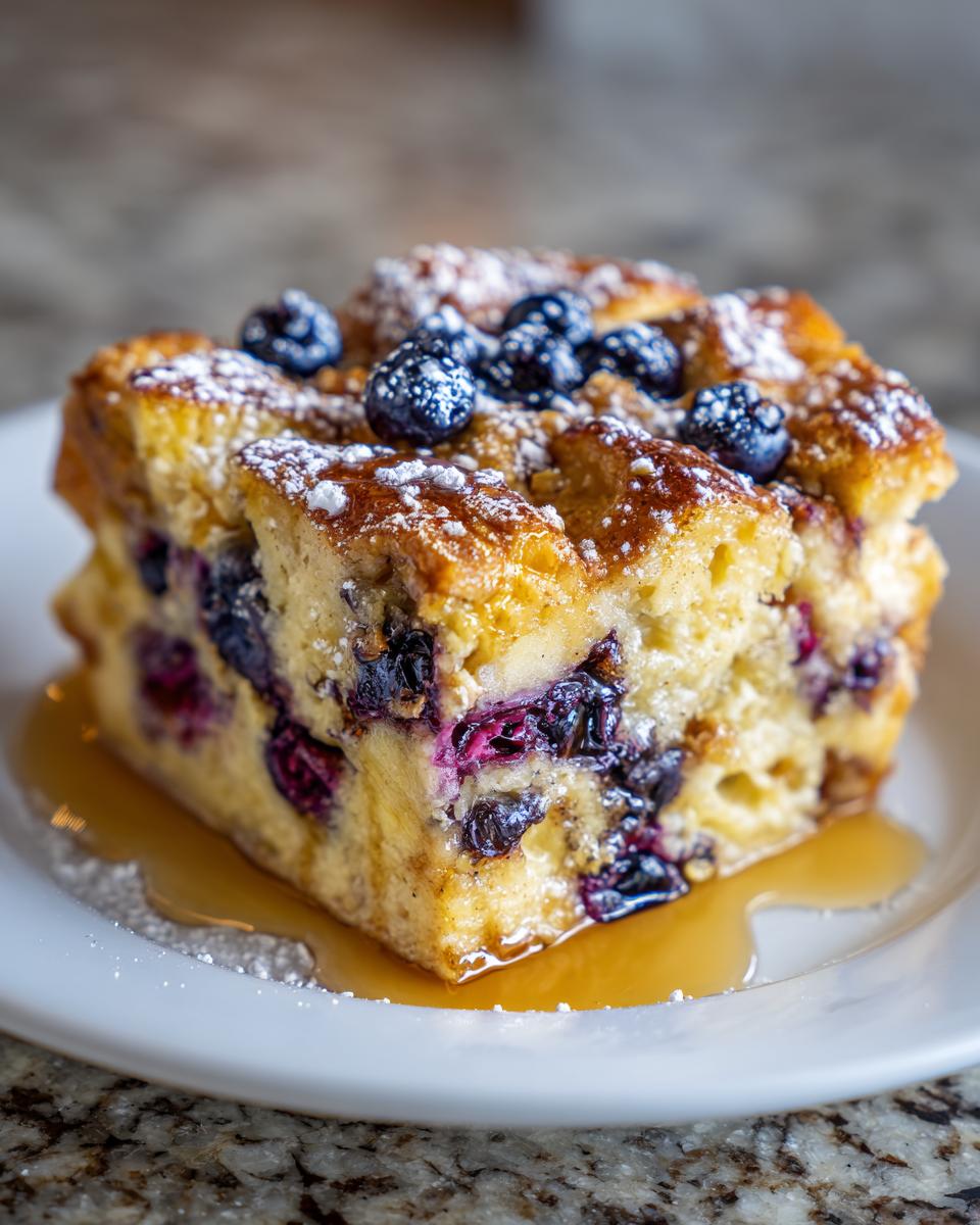 A square slice of Blueberry French Toast Casserole topped with powdered sugar and fresh blueberries, sitting in syrup.