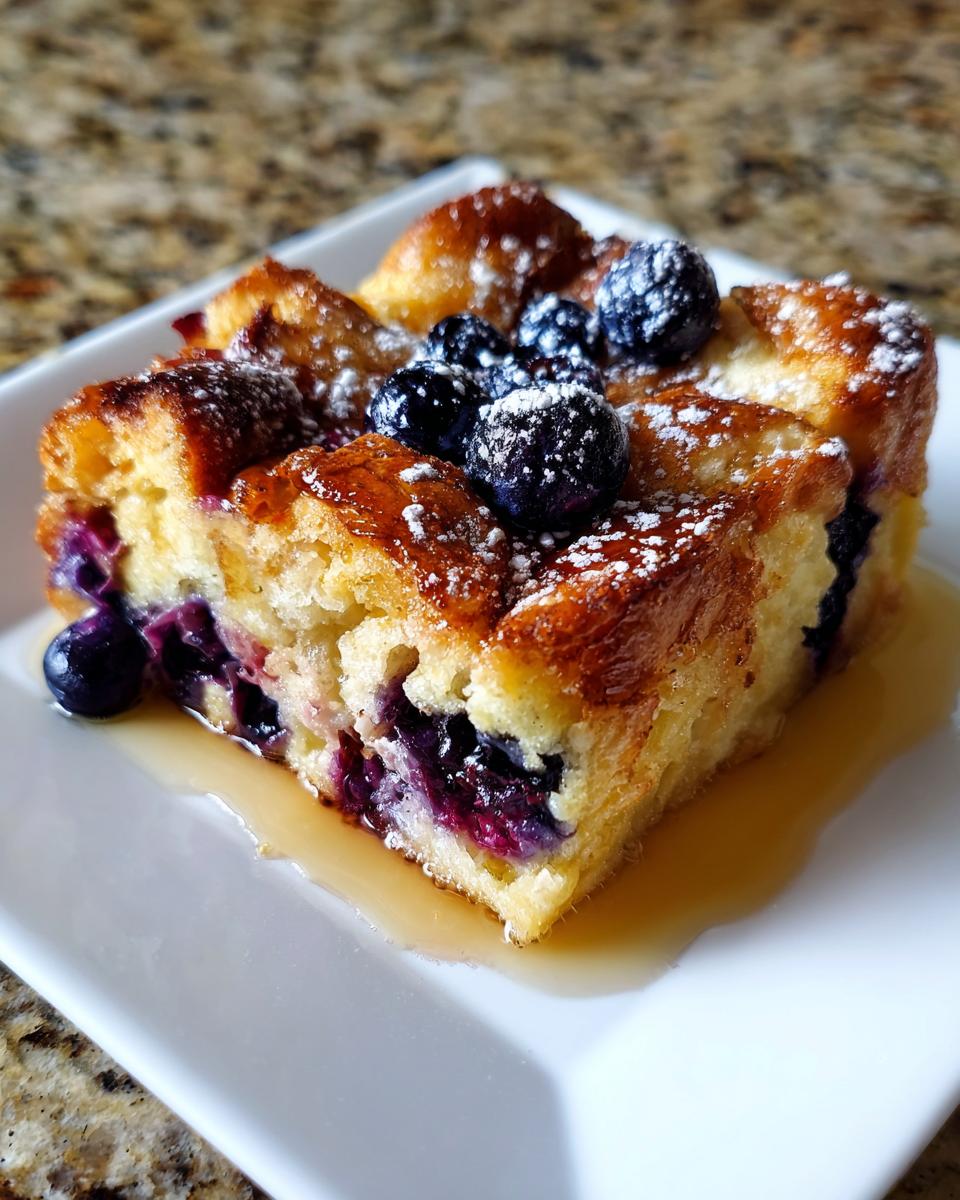 A square slice of rich Blueberry French Toast Casserole topped with fresh blueberries and powdered sugar, sitting in syrup.