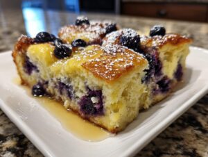 Close-up of two servings of moist Blueberry French Toast Casserole topped with fresh blueberries and powdered sugar, drizzled with syrup.