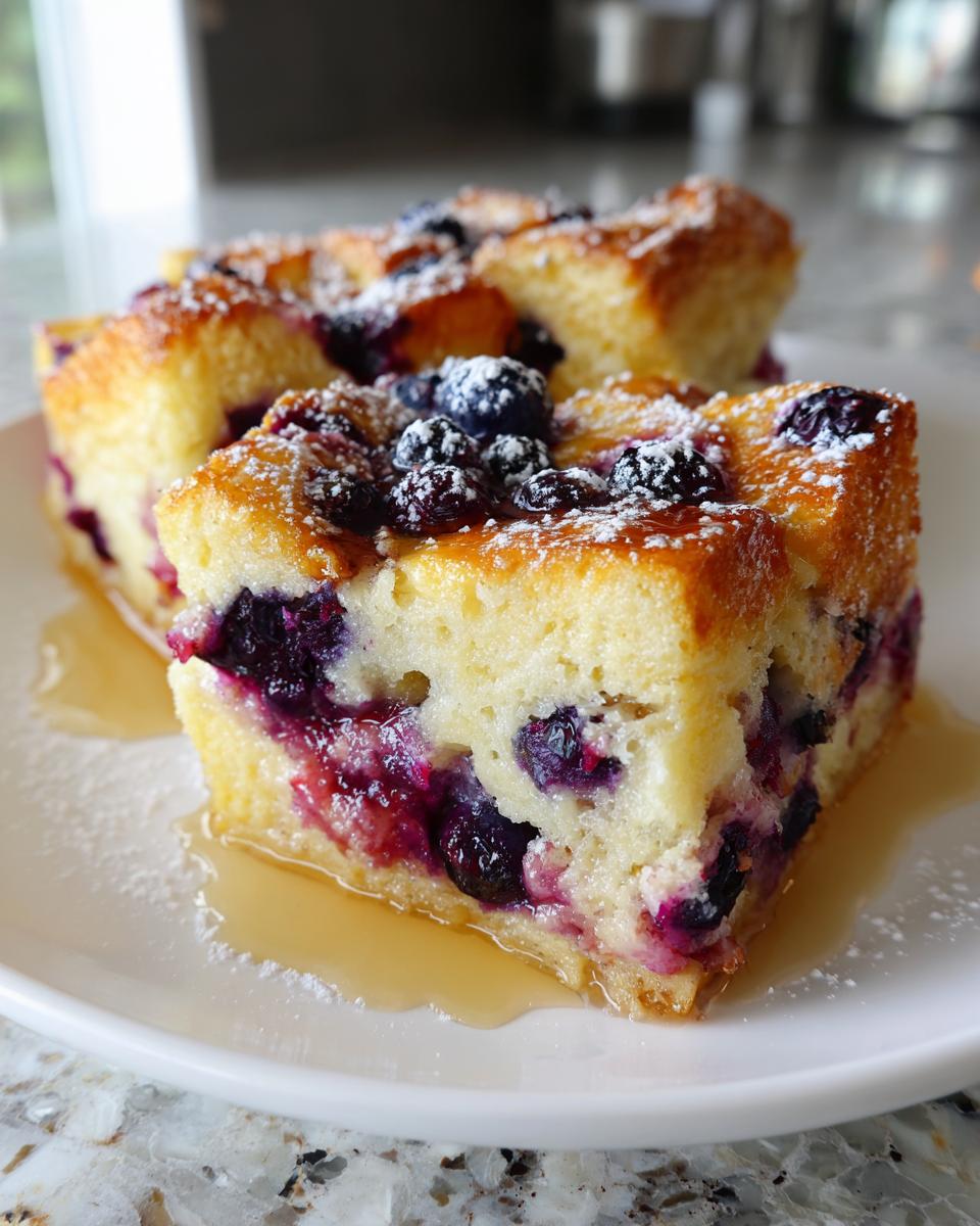Two slices of moist Blueberry French Toast Casserole topped with fresh blueberries and powdered sugar, sitting in maple syrup.