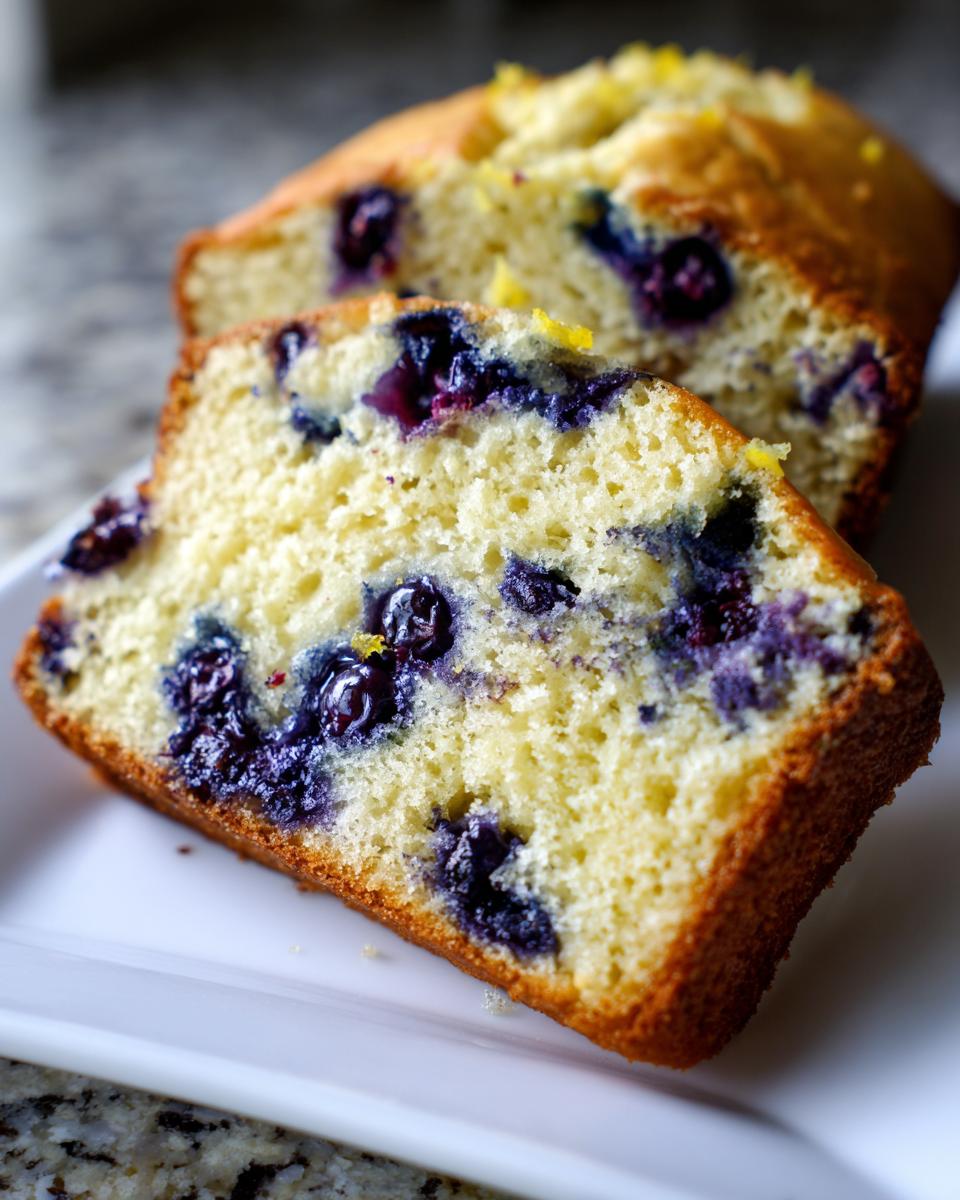 Close-up of a moist slice of blueberry lemon protein muffins showing bright yellow crumb and dark purple blueberries.