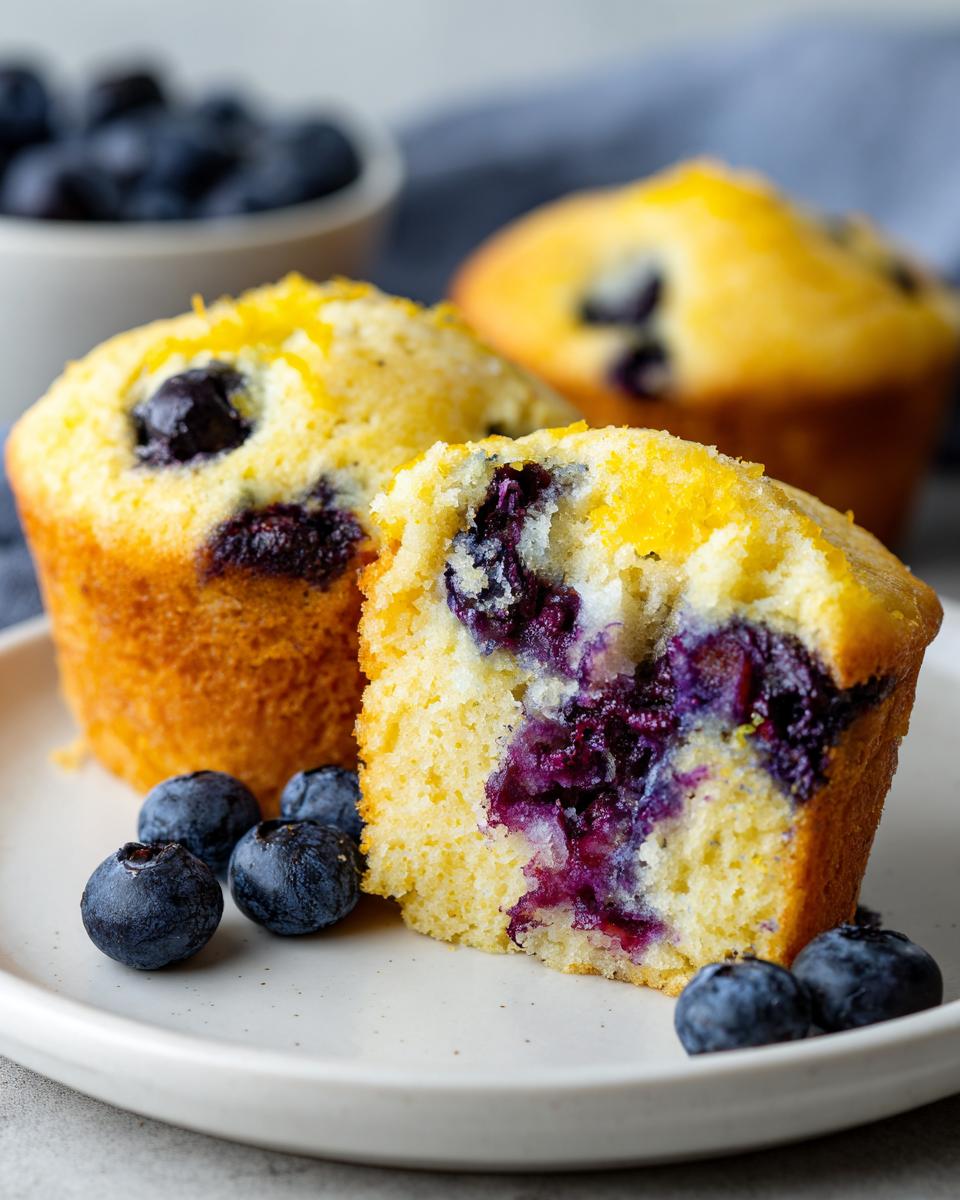 Close-up of a halved blueberry protein muffin showing moist interior and burst blueberries, garnished with fresh berries.