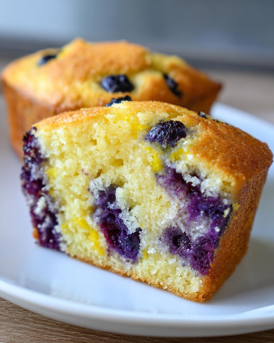 Close-up of a blueberry protein muffin cut in half, showing moist yellow crumb and burst blueberries.