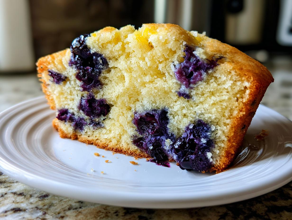 Close-up of a slice of moist, yellow cake filled with dark purple blueberries, representing delicious protein muffins.