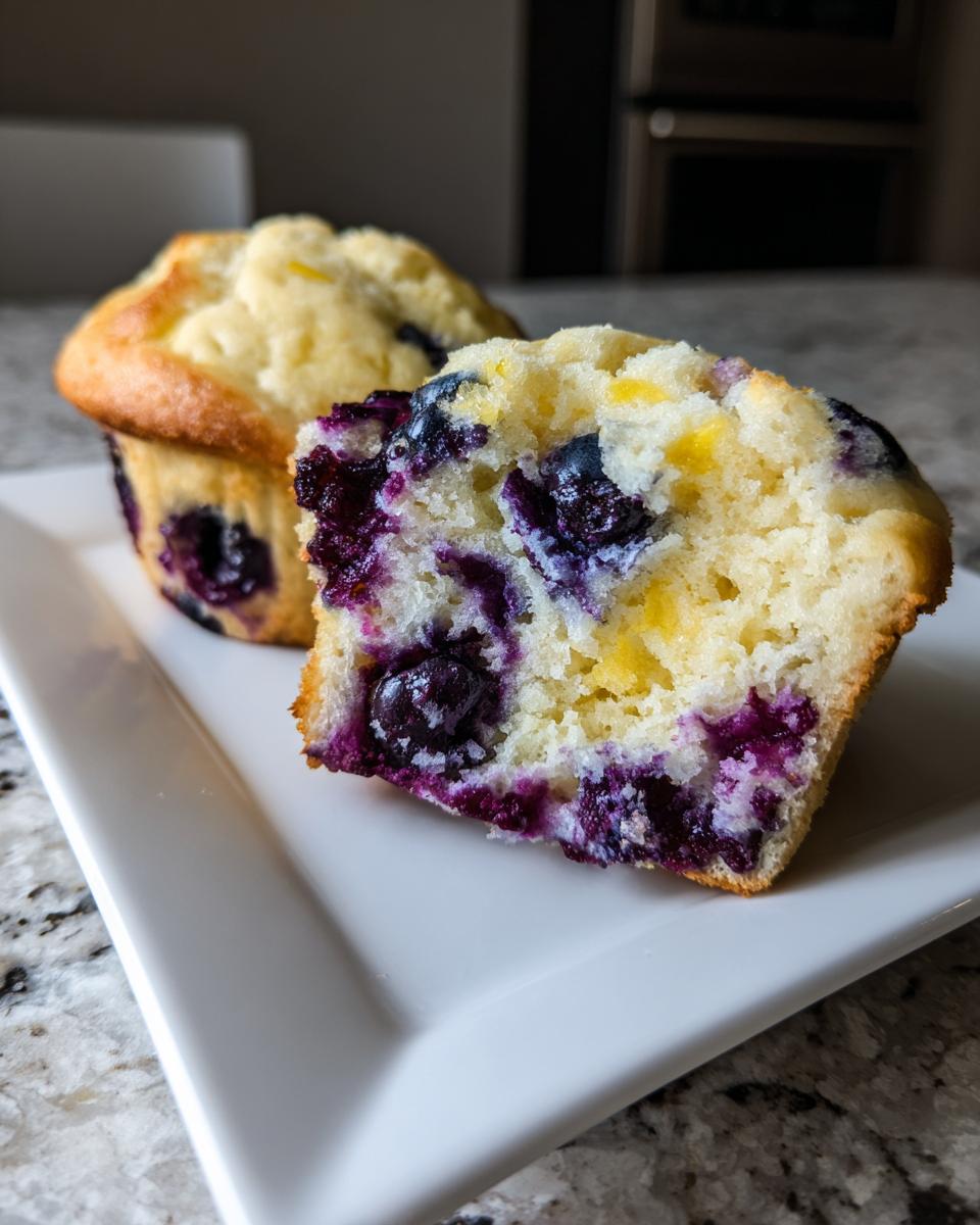 Close-up of a halved blueberry protein muffin showing a moist, yellow crumb packed with dark blueberries.