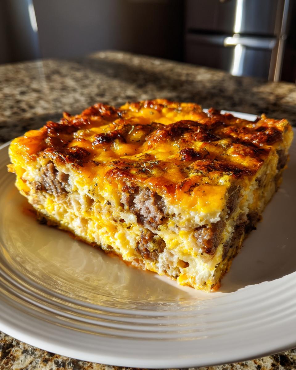 A square slice of hearty breakfast casserole with cream of mushroom, layered with egg and sausage, topped with melted cheddar cheese.