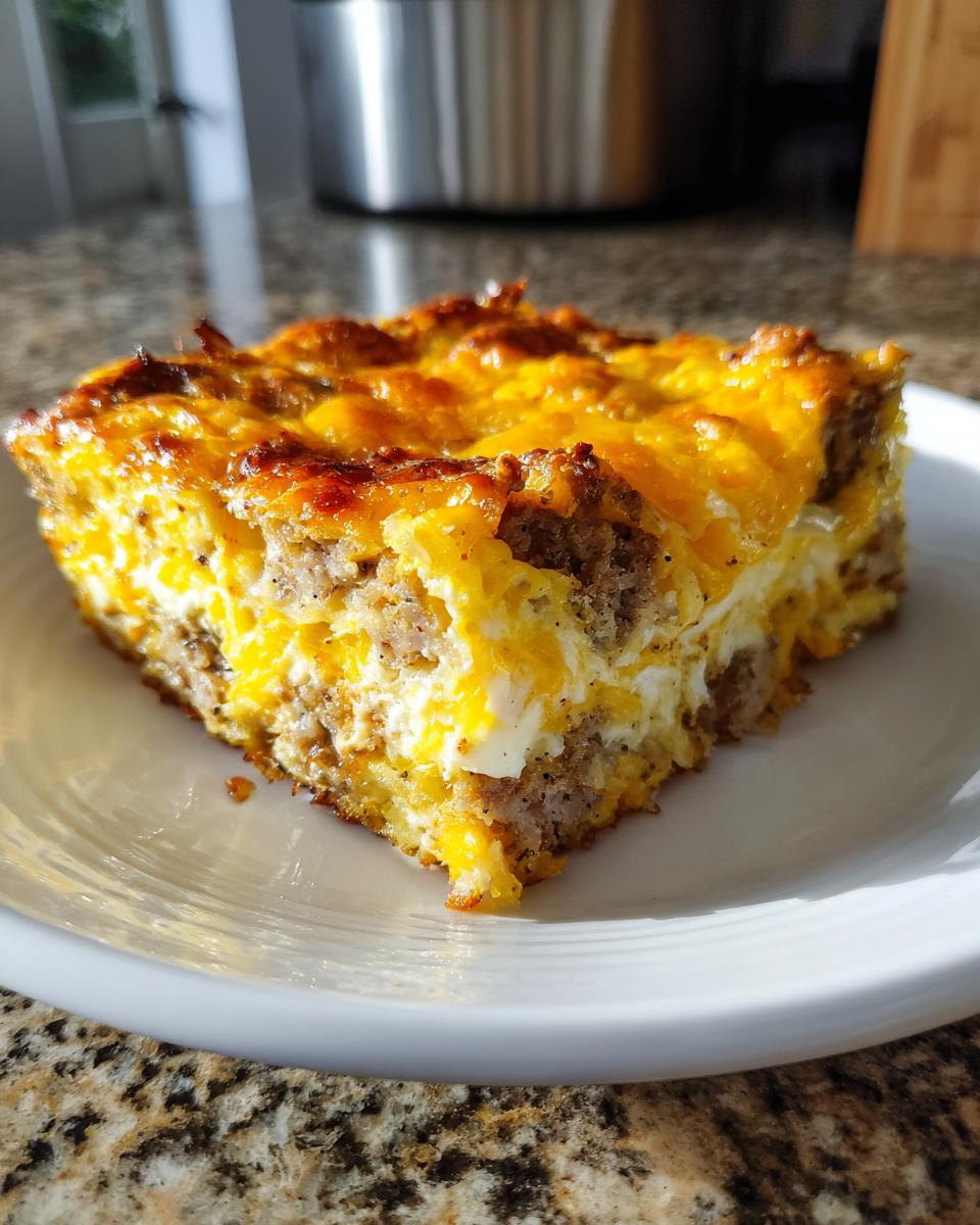 A square slice of baked breakfast casserole with sausage, eggs, and melted cheddar cheese topping.