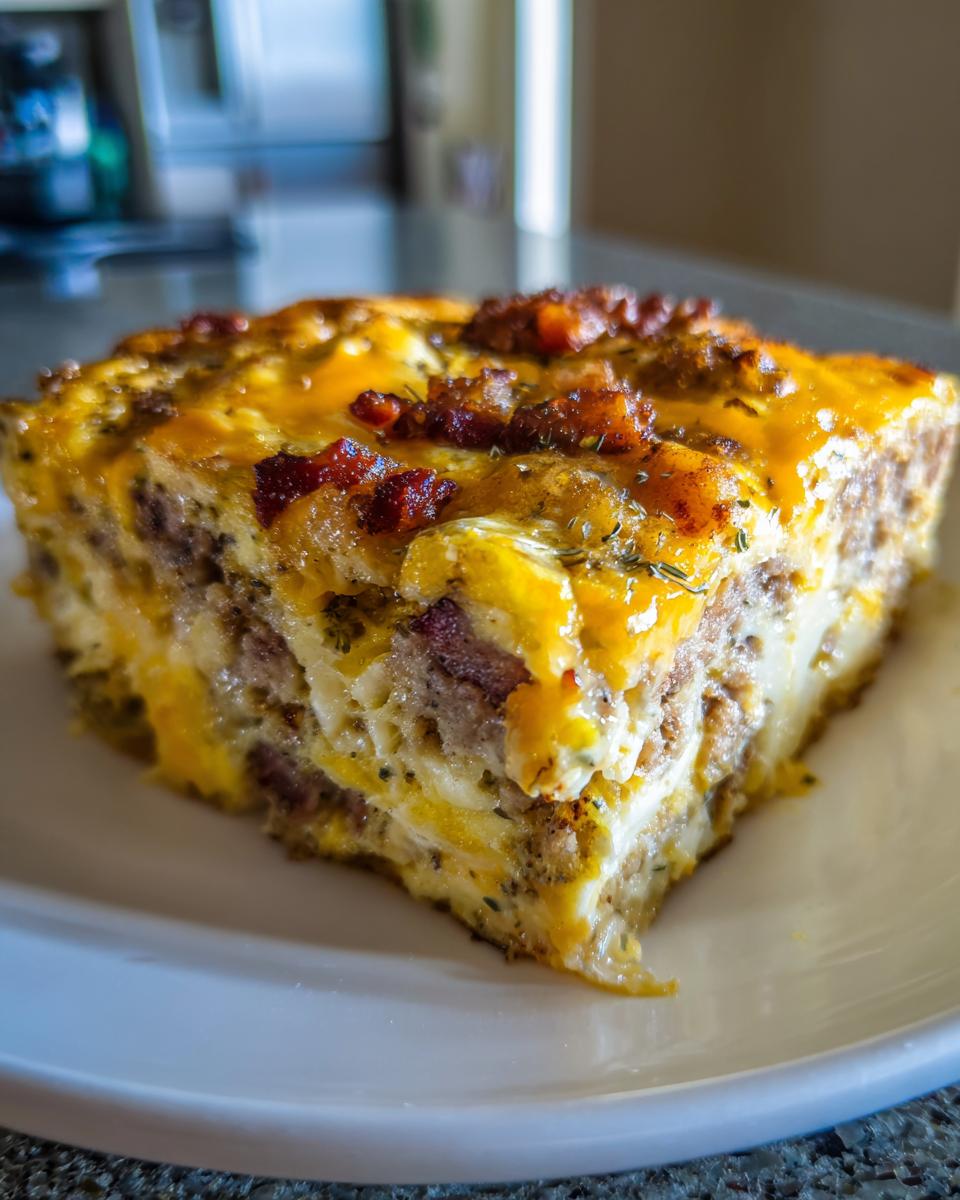 Close-up of a hearty slice of breakfast casserole with cream of mushroom, sausage, and melted cheddar cheese.