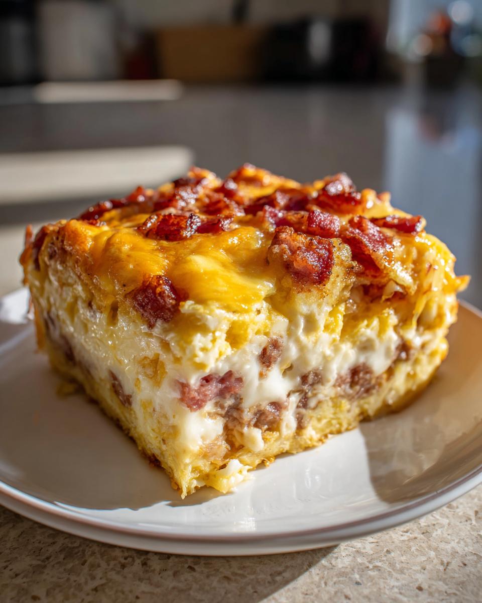 A thick slice of savory breakfast casserole with cream of mushroom, eggs, sausage, and topped with melted cheese and bacon.
