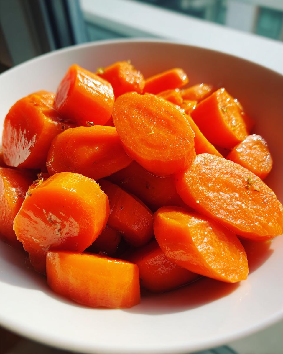Close-up of vibrant, shiny glazed carrots cut into thick rounds and chunks served in a white bowl.