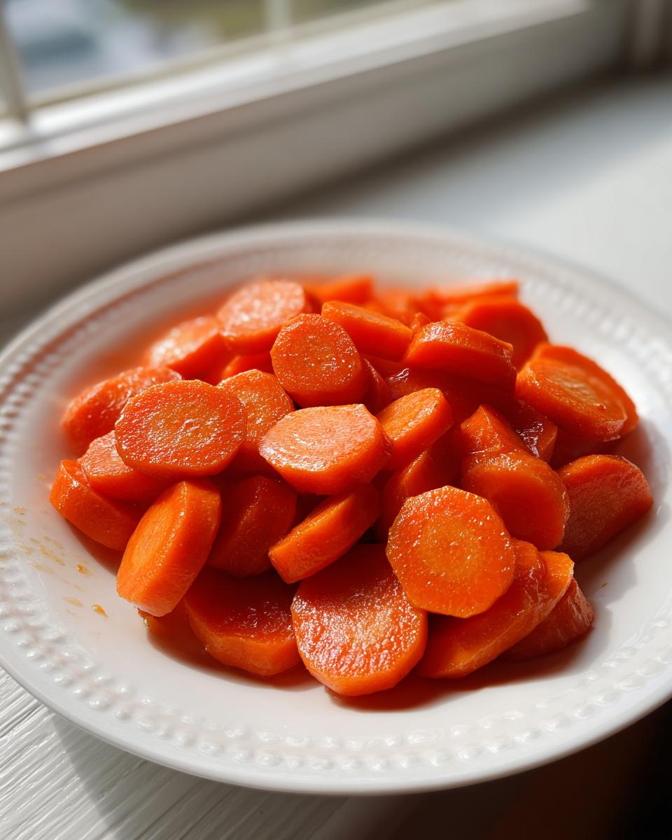 A white plate piled high with bright orange, glossy Glazed carrots slices, illuminated by natural light near a window.