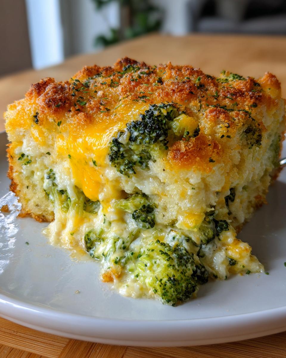 A close-up of a square serving of broccoli cheese casserole showing melted cheese and broccoli florets.